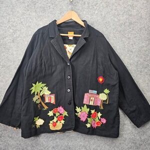 Black Blazer Jacket Womens 2X Tropical Applique Art Whimsy Floral HEARTS OF PALM